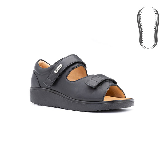 Diyabetik ortopedik unisex sandalet – siyah, geniş kalıp, doğal napa deri