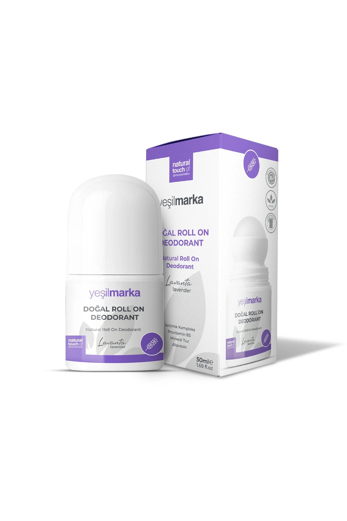 Lavanta doğal deodorantın kutusu ile birlikte görüntüsü