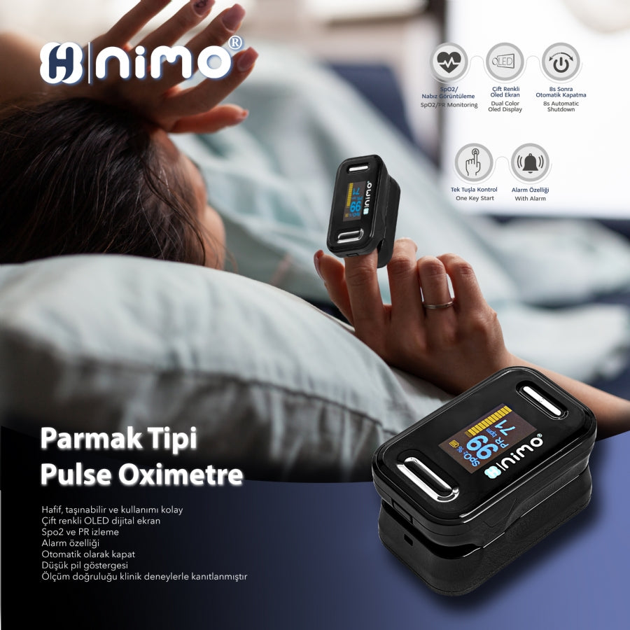 Nimo Pulse Oksimetre kullanım anı – parmakta ölçüm görüntüsü