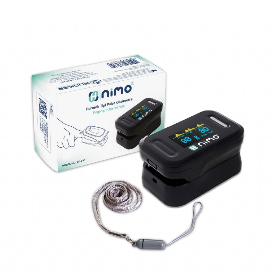 Nimo Pulse Oksimetre kutulu set – cihaz, askı kayışı ve ambalaj