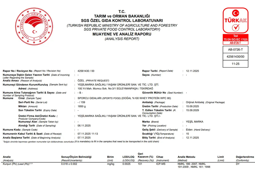 Yeşilmarka doğal whey protein tozu sertifika