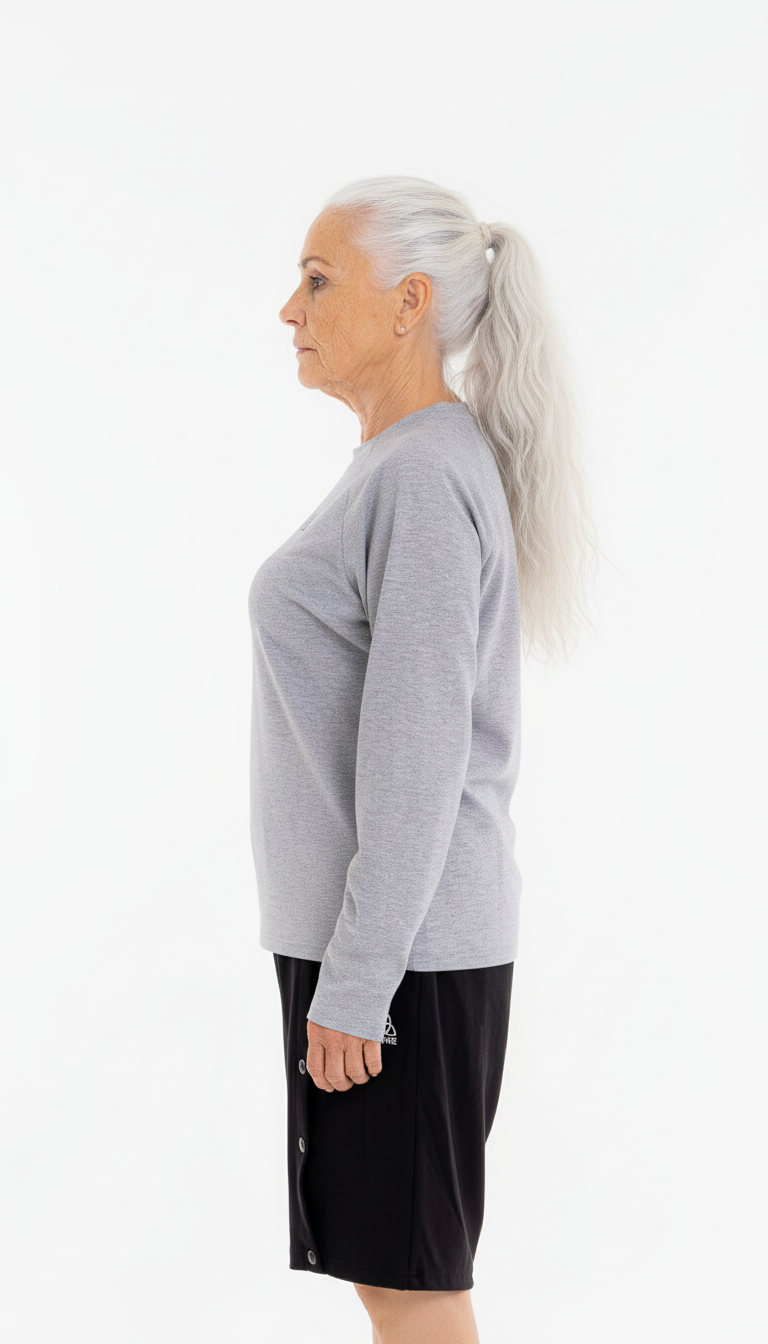 ComfortCure adaptif kemoterapi tedavi kıyafeti kadın model üzerinde yandan görünüm, slim kesim formu