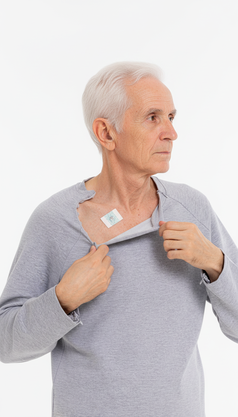 ComfortCure tedavi kıyafetinin göğüs fermuarı açık, kemoterapi portu erişimi gösteren erkek model