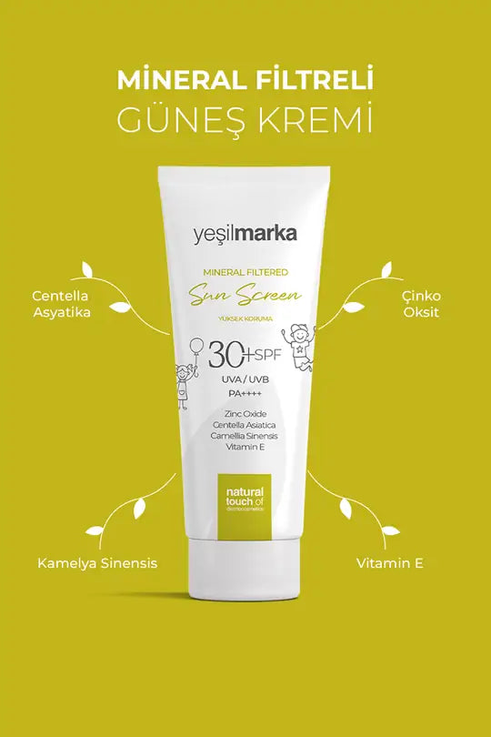 Centella Asiatica, Camellia Sinensis ve E vitamini içeren hassas cilt güneş kreminin öne çıkan özellikler infografiği
