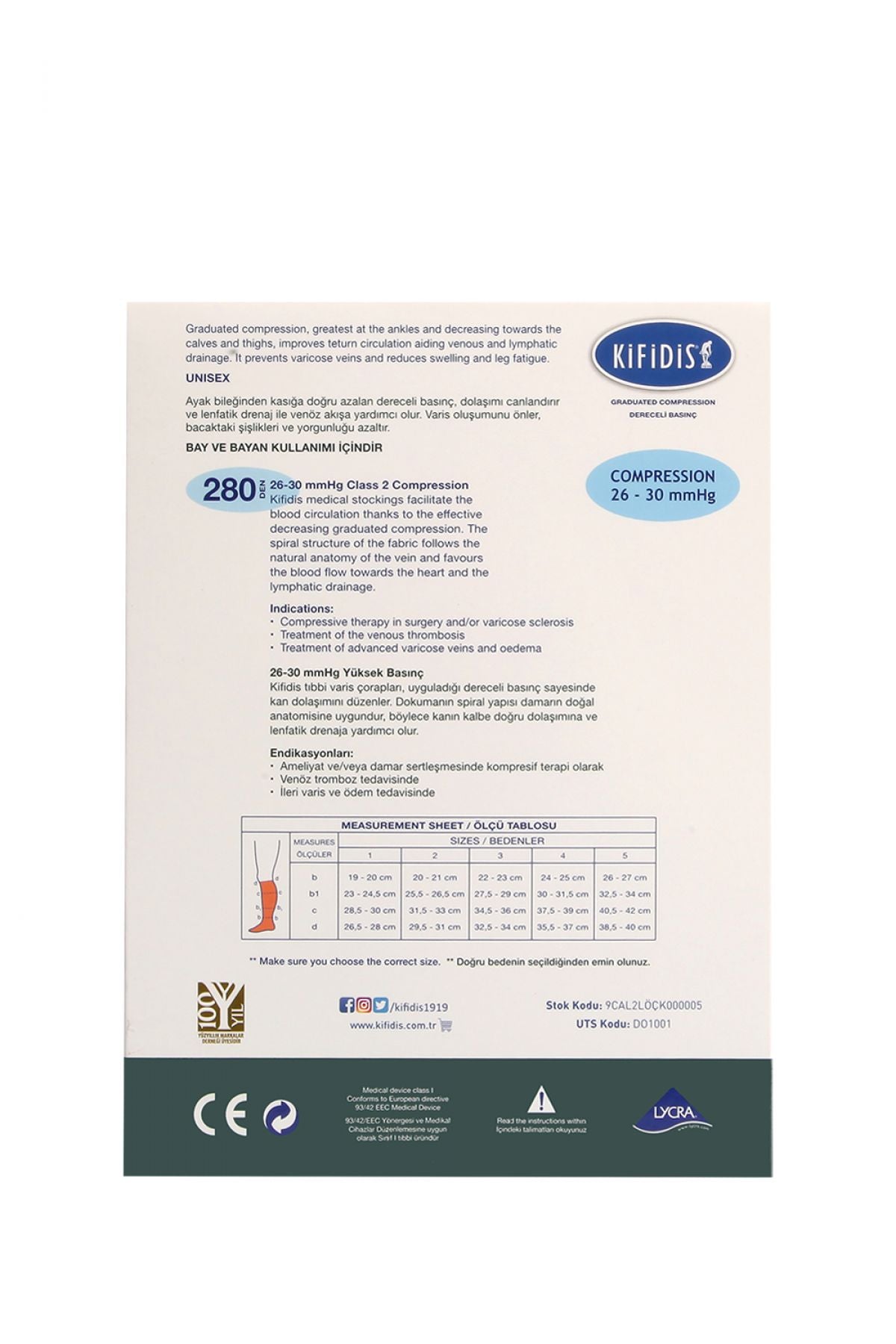 26-30 mmHg dereceli basınçlı Kifidis varis çorabı diz altı model