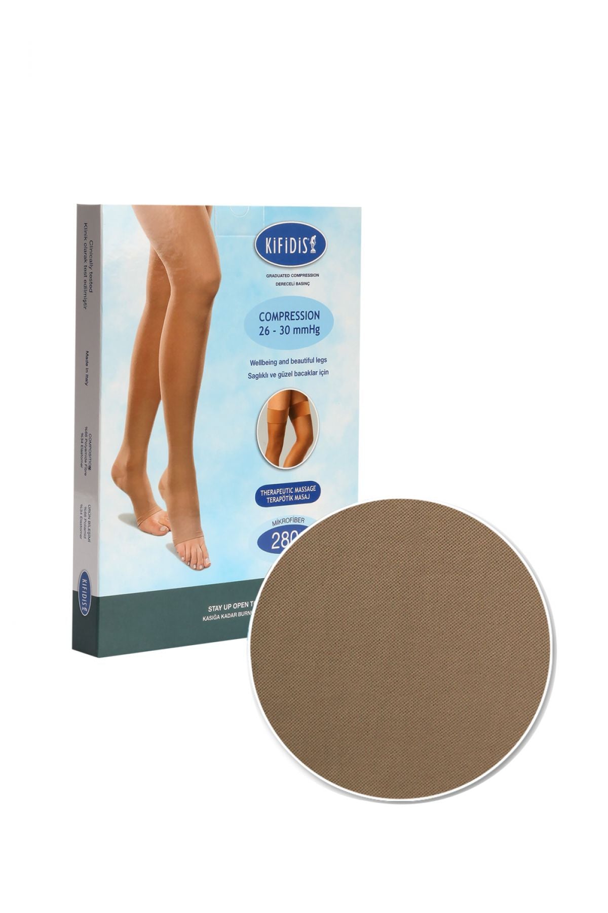 Kifidis 280 den uyluk boy varis çorabı 26-30 mmHg silikonlu burnu açık bej