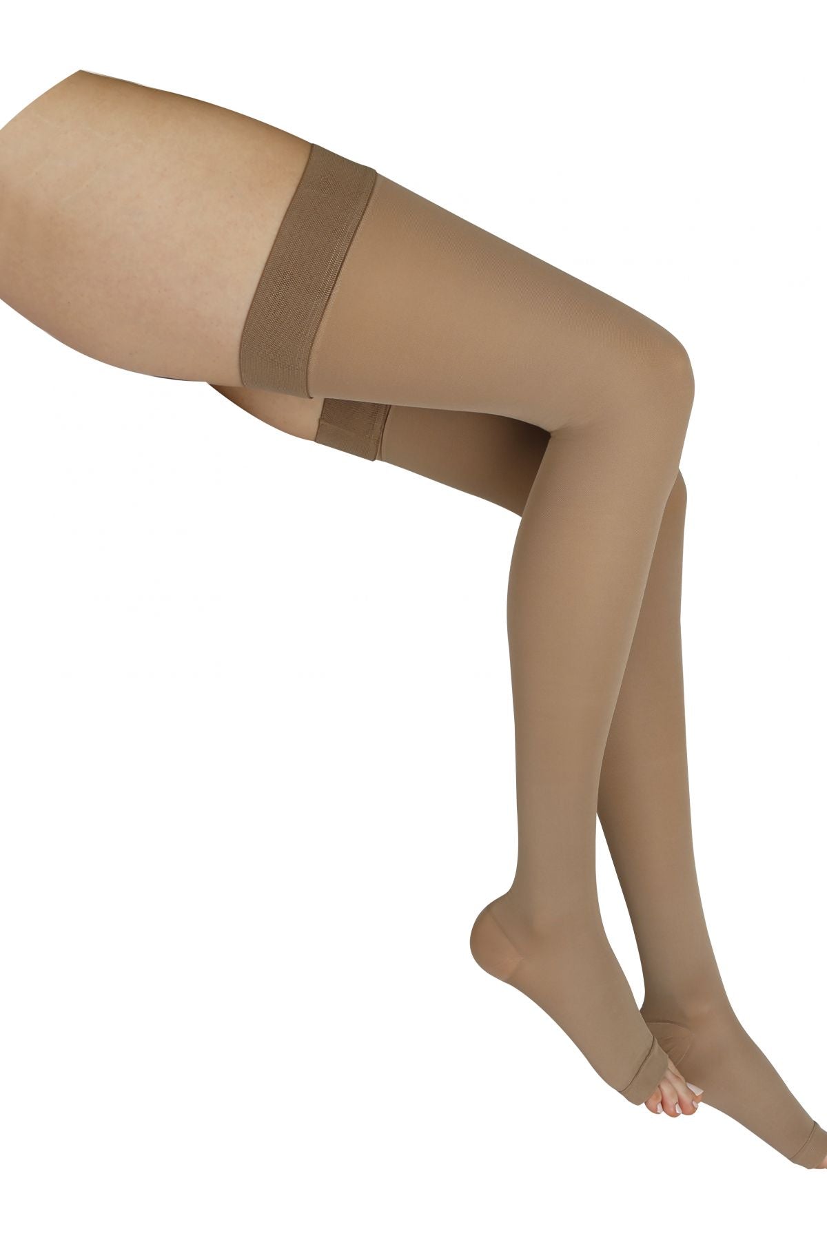 Silikon bantlı mikrofiber Kifidis kasığa kadar kompresyon çorabı burnu açık bej