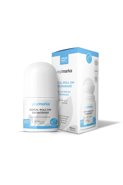 Kokusuz doğal deodorant roll-on şişe ve kutu ambalajı bir arada