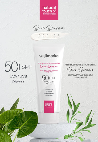 Doğal yaprak arka planında leke karşıtı ve aydınlatıcı güneş kremi SPF 50 ürün fotoğrafı