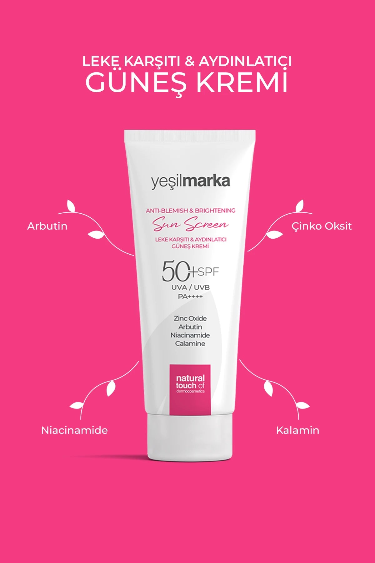 Arbutin, niacinamide, çinko oksit ve calamine içeren güneş kreminin öne çıkan özellikler infografiği