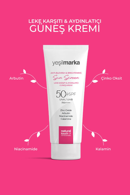 Arbutin, niacinamide, çinko oksit ve calamine içeren güneş kreminin öne çıkan özellikler infografiği