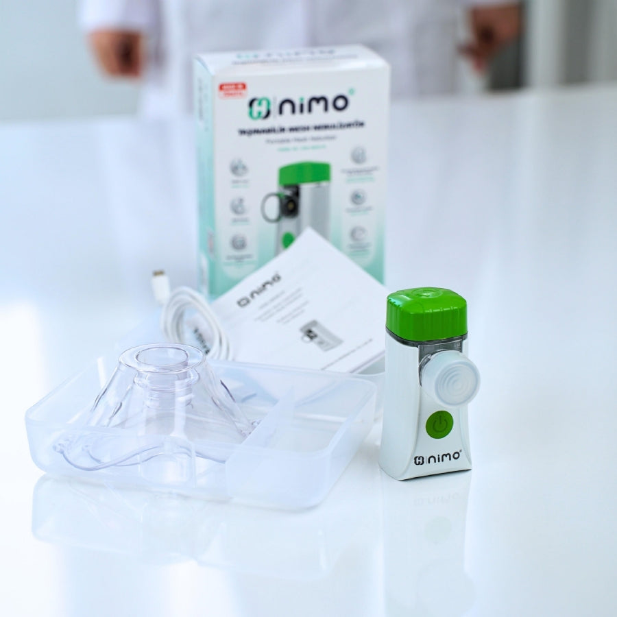 Nimo Mesh Nebulizatör kutulu set – maske, şarj kablosu ve taşıma çantası