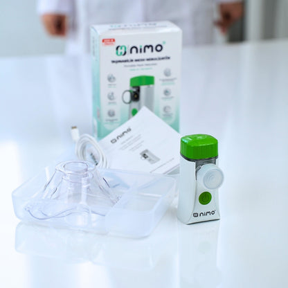 Nimo Mesh Nebulizatör kutulu set – maske, şarj kablosu ve taşıma çantası