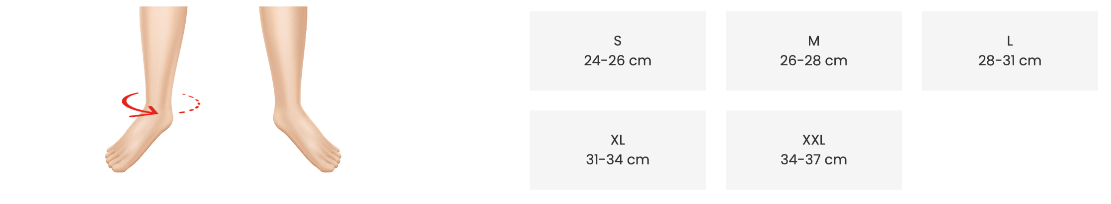 Ortholand ayak bilekliği ölçü tablosu – S, M, L, XL, XXL beden seçenekleri