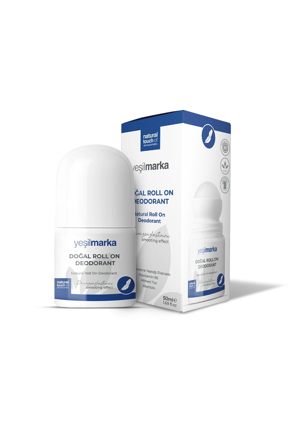 Pürüzsüzleştirici doğal deodorant roll-on şişe ve kutu ambalajı bir arada