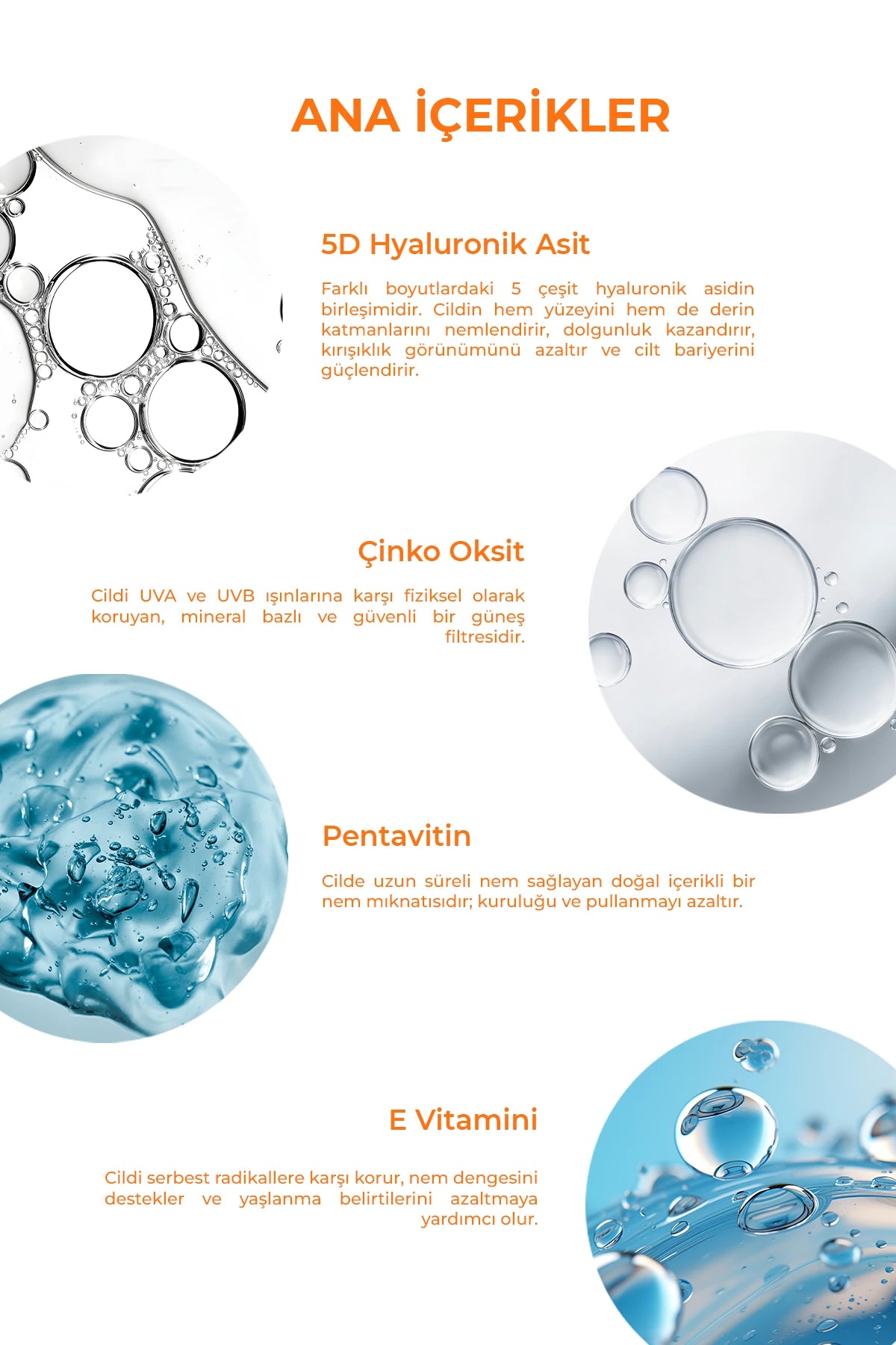 Çinko oksit, 5D hyaluronik asit, pentavitin ve E vitamini içeren güneş kreminin ana içerikler infografiği