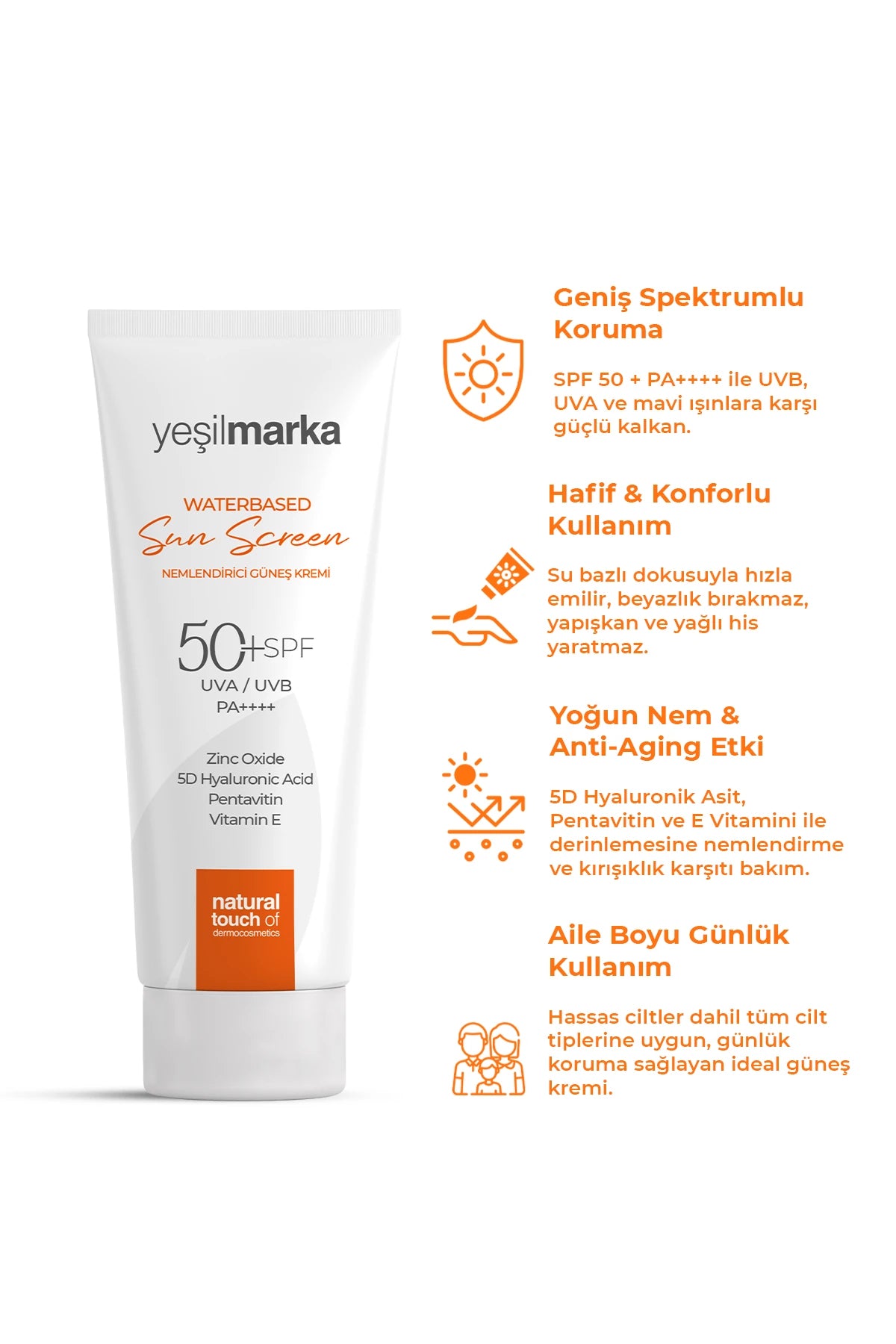 Su bazlı güneş kreminin geniş spektrum koruma, hafif doku ve nemlendirici özelliklerini gösteren bilgi grafiği