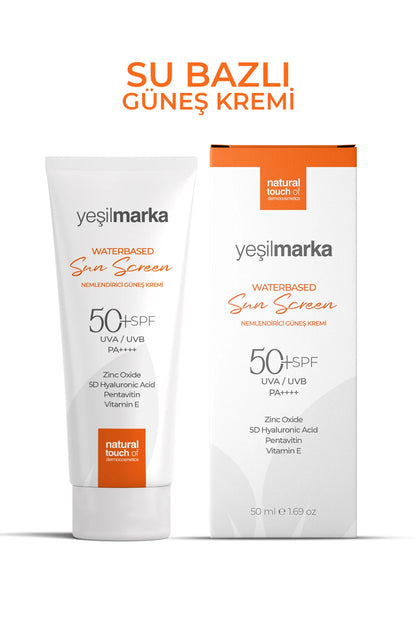 Su bazlı güneş kremi SPF 50 tüp ve kutu ambalajıyla birlikte ürün görseli