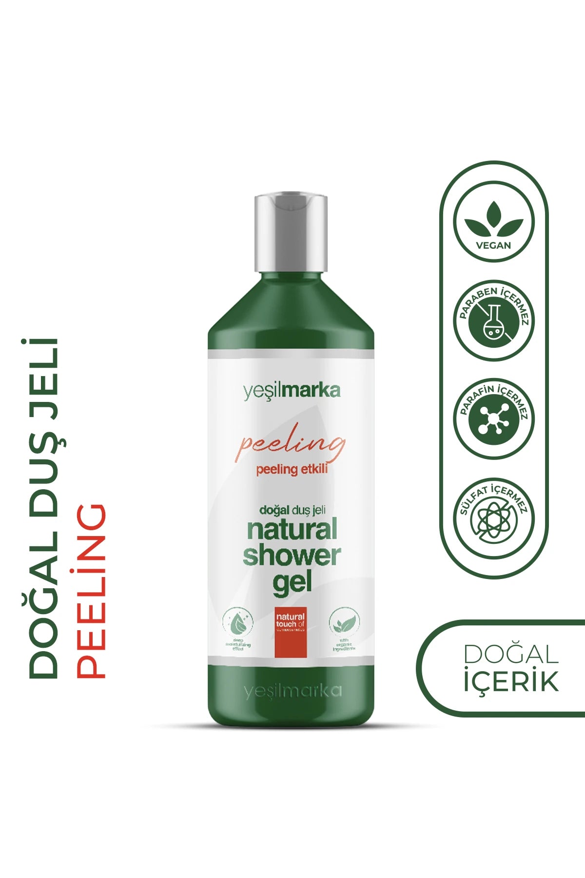Ölü derileri arındıran Yeşilmarka Peeling Duş Jeli; sülfatsız bitkisel formülüyle cildi derinlemesine temizler ve yeniler
