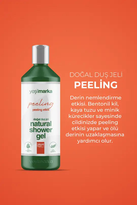 Yeşilmarka Peeling Etkili duş jeli; hem temizleyici hem de peeling özelliğiyle duş sonrası pürüzsüz ve yumuşak bir cilt sağlar