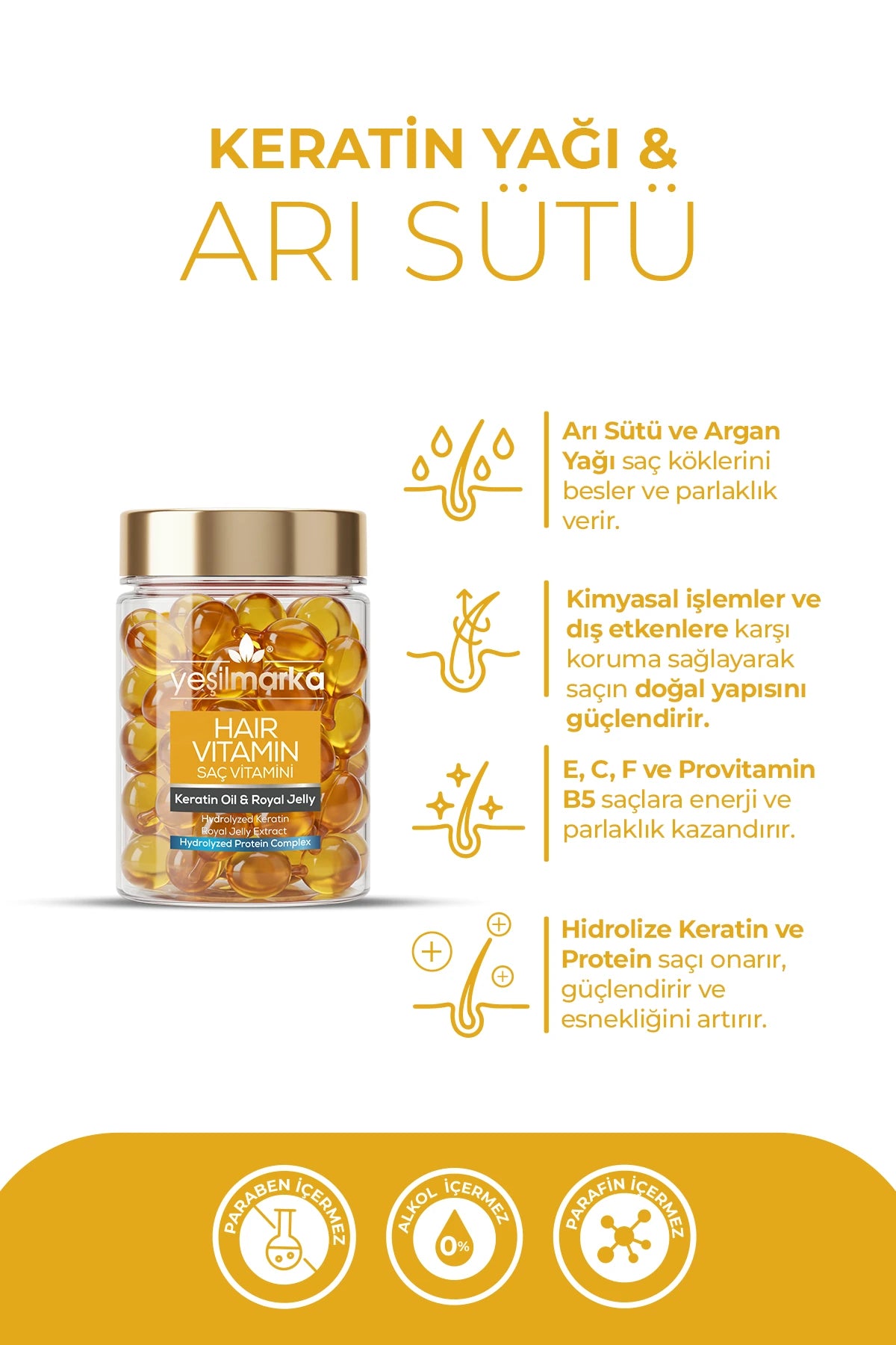 Yeşilmarka Keratin Saç Vitamini İçeriği - Arı Sütü, Argan Yağı ve Protein Kompleksi
