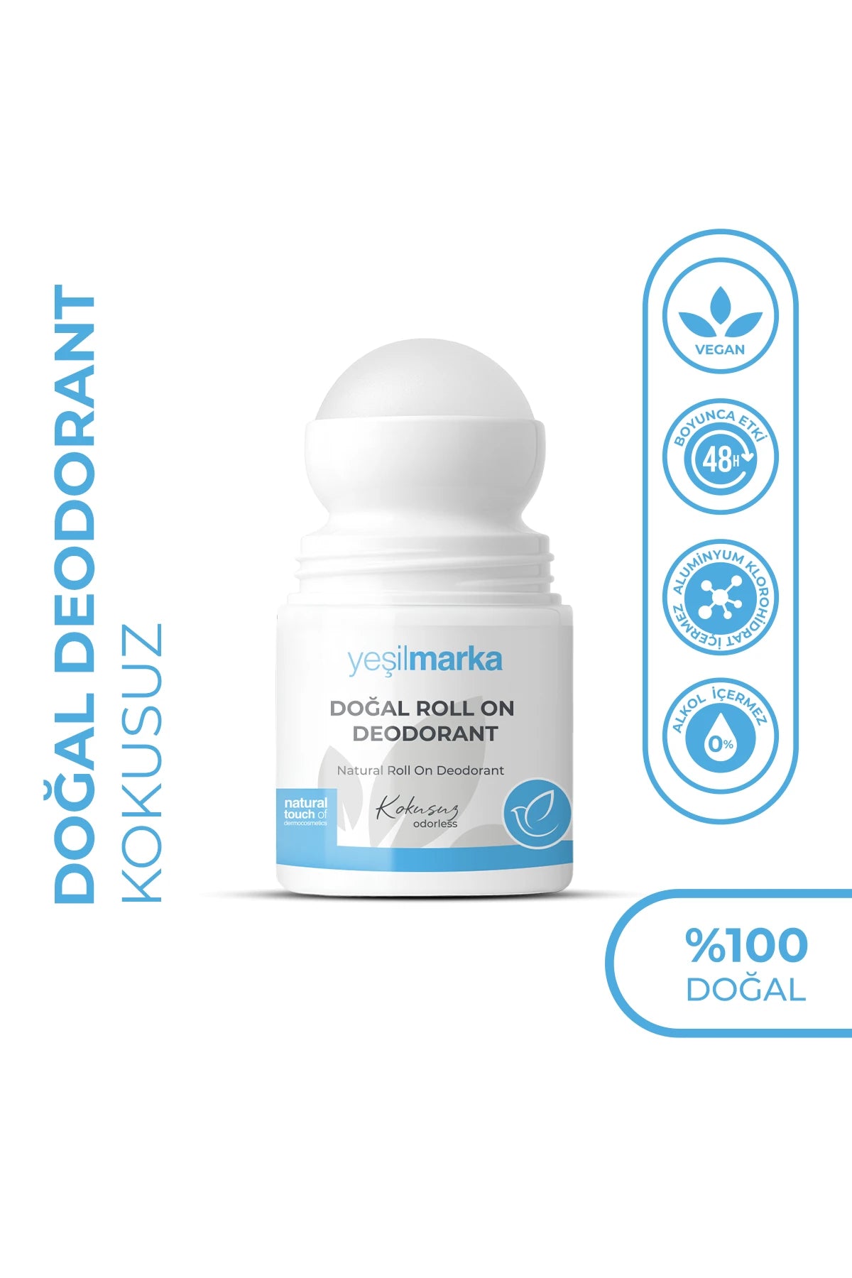Yeşilmarka kokusuz doğal roll-on deodorant, alüminyumsuz ve %100 doğal içerik özellikleriyle