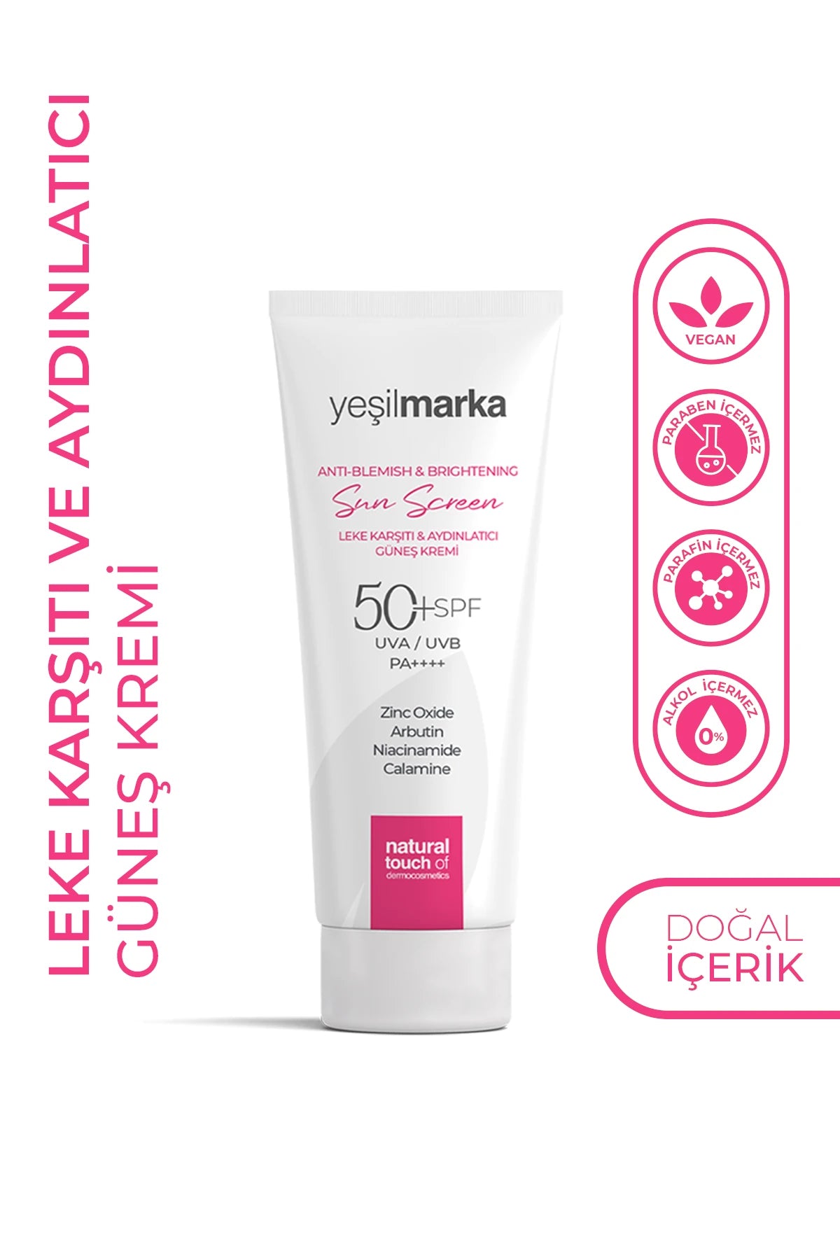 Yeşilmarka leke karşıtı ve aydınlatıcı güneş kremi SPF 50, vegan ve doğal içerikli tüp görseli