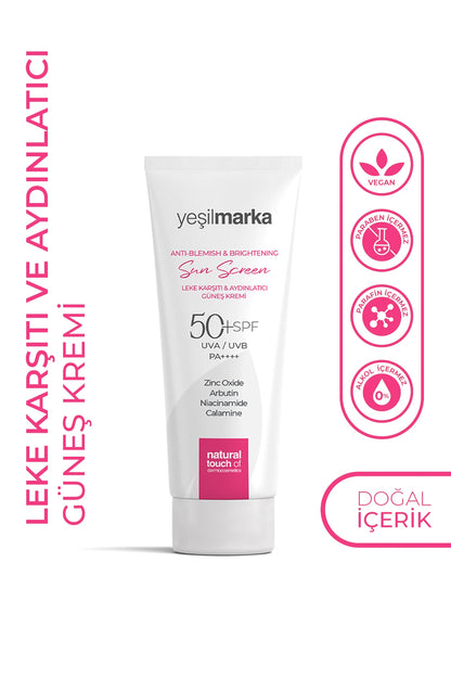 Yeşilmarka leke karşıtı ve aydınlatıcı güneş kremi SPF 50, vegan ve doğal içerikli tüp görseli
