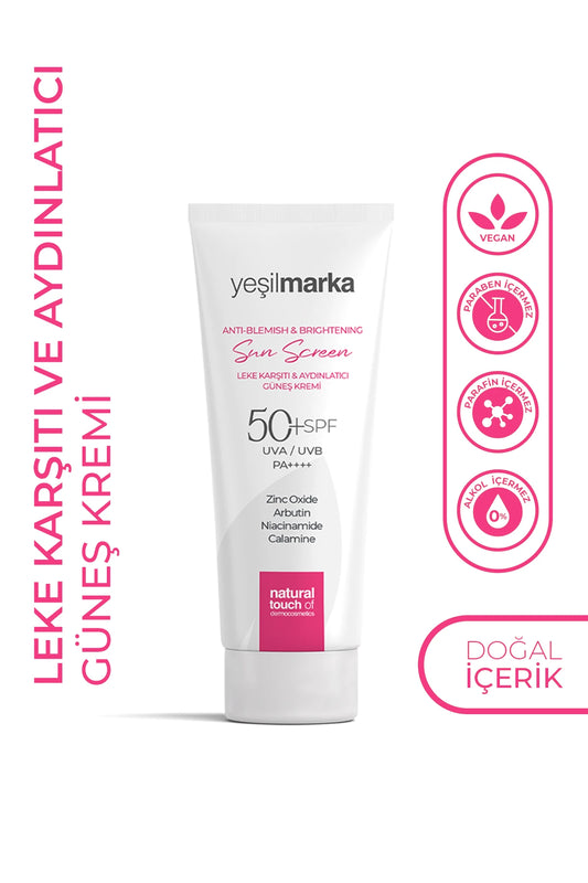 Yeşilmarka leke karşıtı ve aydınlatıcı güneş kremi SPF 50, vegan ve doğal içerikli tüp görseli
