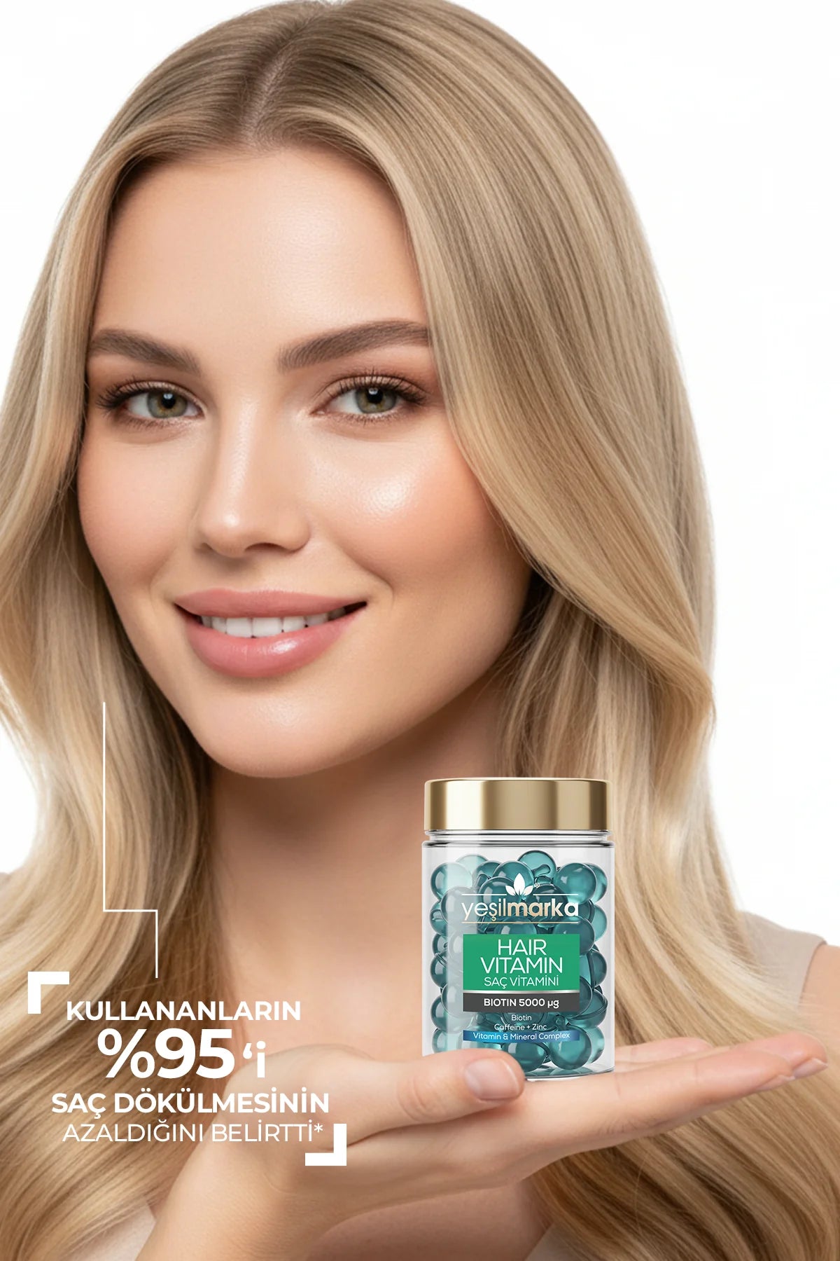 Yeşilmarka saç vitaminini kullananların yüzde doksan beşi saç dökülmesinde azalma olduğunu belirtiyor