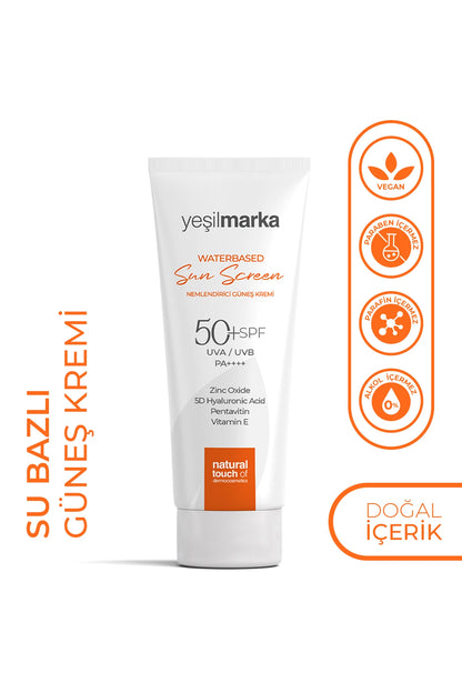 Yeşilmarka su bazlı güneş kremi SPF 50, vegan ve paraben içermeyen doğal içerikli tüp görseli