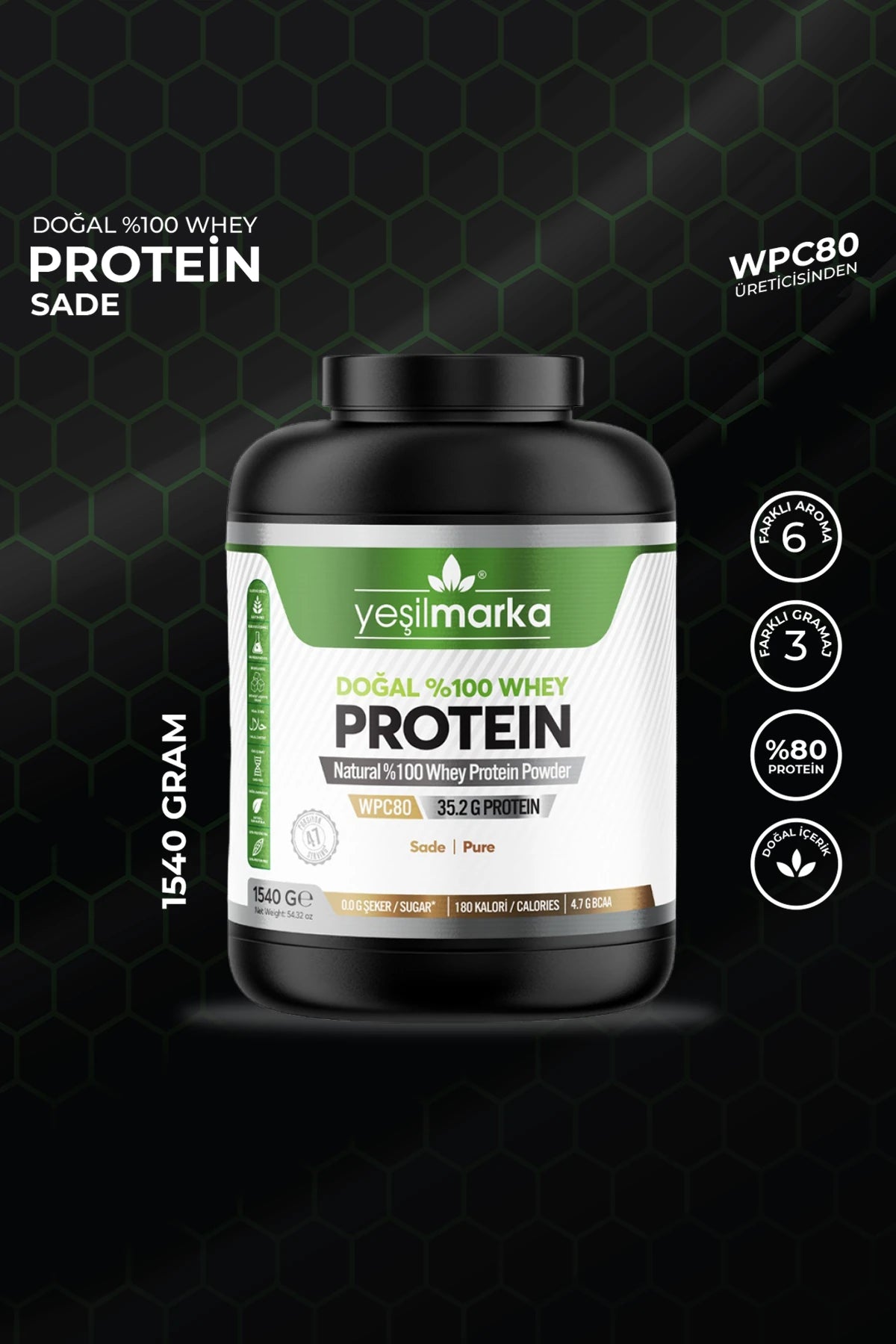 Yeşilmarka doğal whey protein tozu 1540 gram ekonomik büyük boy paket yerli üretim